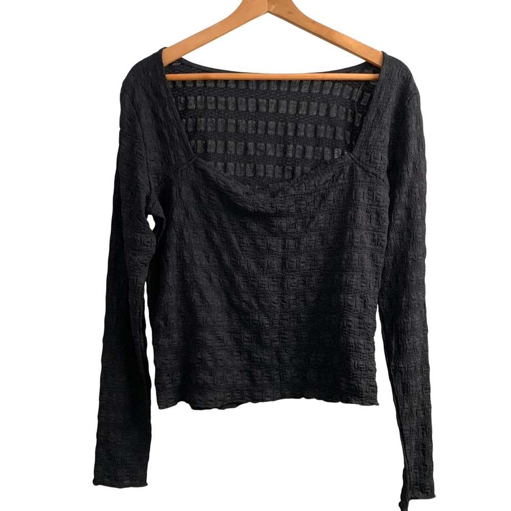 NWT Elodie Black Textured‎ Square Neck Long Sleeve Top Size Large - Picture 2 of 4
